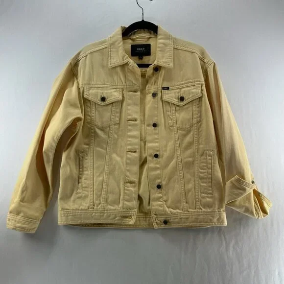 OBEY Denim Trucker Jacket Womens S Graphic Rose Button Front Long Sleeve Yellow - Picture 2 of 13